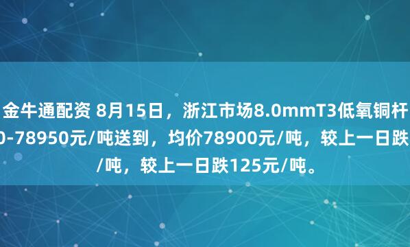金牛通配资 8月15日，浙江市场8.0mmT3低氧铜杆报价78850-78950元/吨送到，均价78900元/吨，较上一日跌125元/吨。
