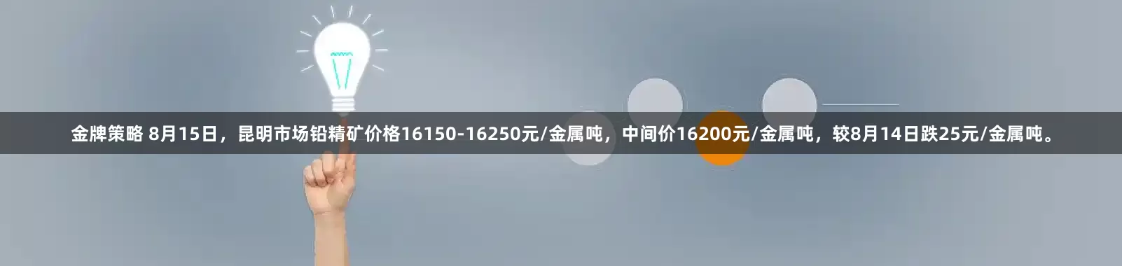 金牌策略 8月15日，昆明市场铅精矿价格16150-16250元/金属吨，中间价16200元/金属吨，较8月14日跌25元/金属吨。